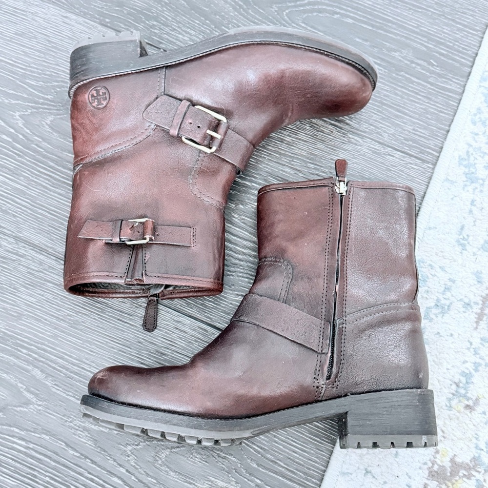 Chrystie Brown Leather Moto Boots 9.5